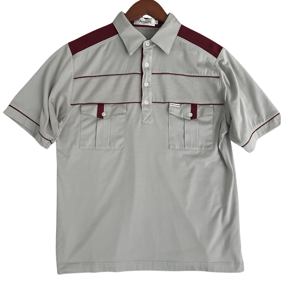 Vintage Oleg Cassini Knit Polo Shirt Men's Large Gray Burgundy Colorblock Retro